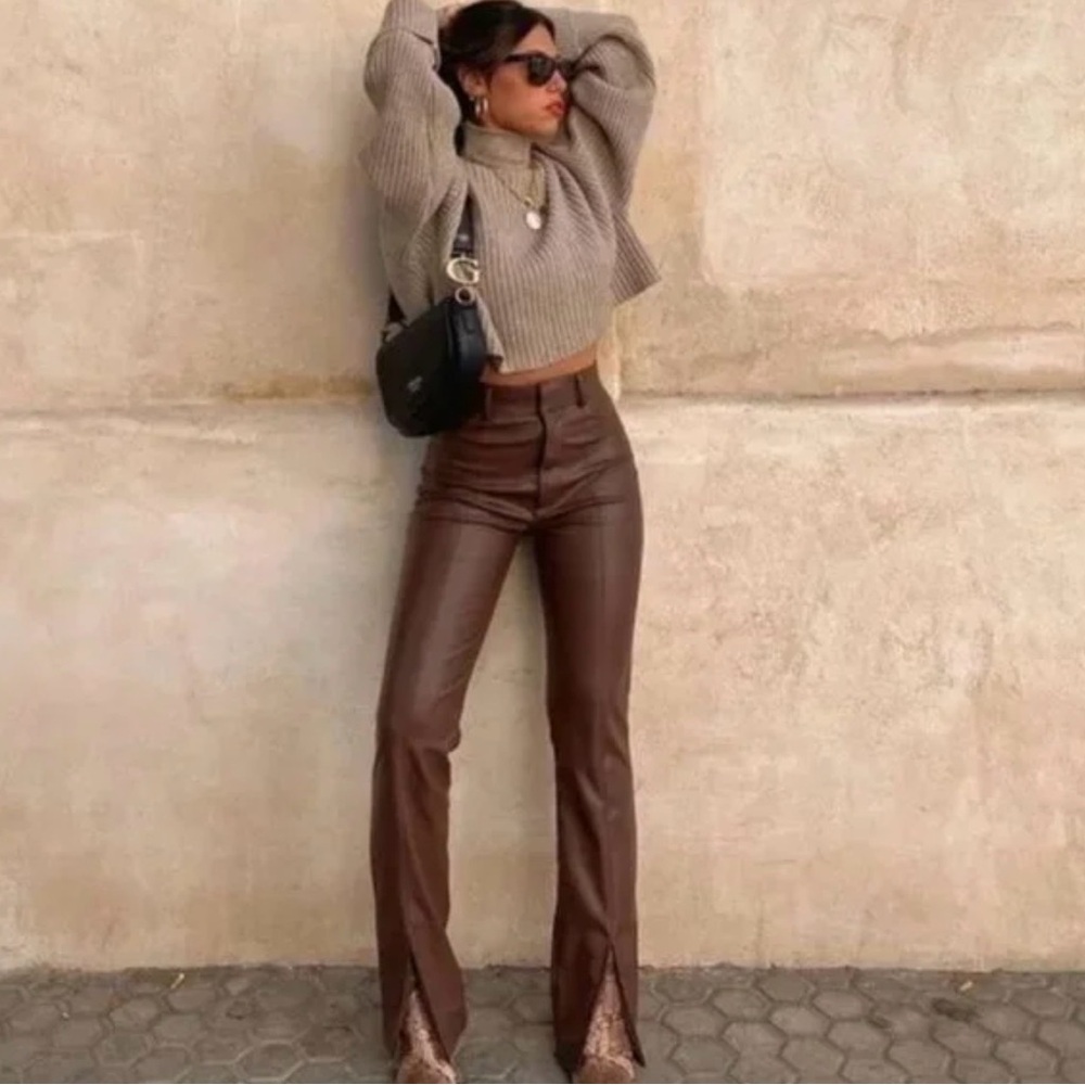 Zara Faux Leather Brown Flare Pants